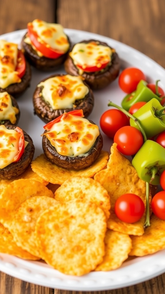 Low Carb Finger Foods Appetizers A colorful assortment of low carb appetizers including stuffed mushrooms, cheese crisps, and vegetable skewers on a wooden platter.